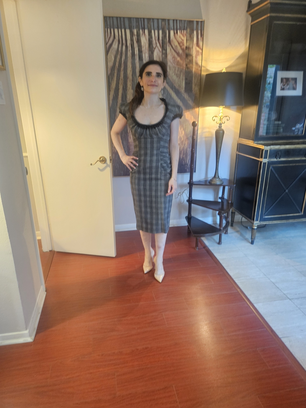 Plaid Scoop-Neck Midi Dress in Gray